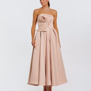 Strapless midi dress with satin fabric pleated skirt and floral detail