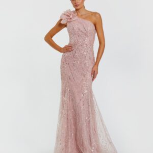 One shoulder beaded mermaid gown with floral applique
