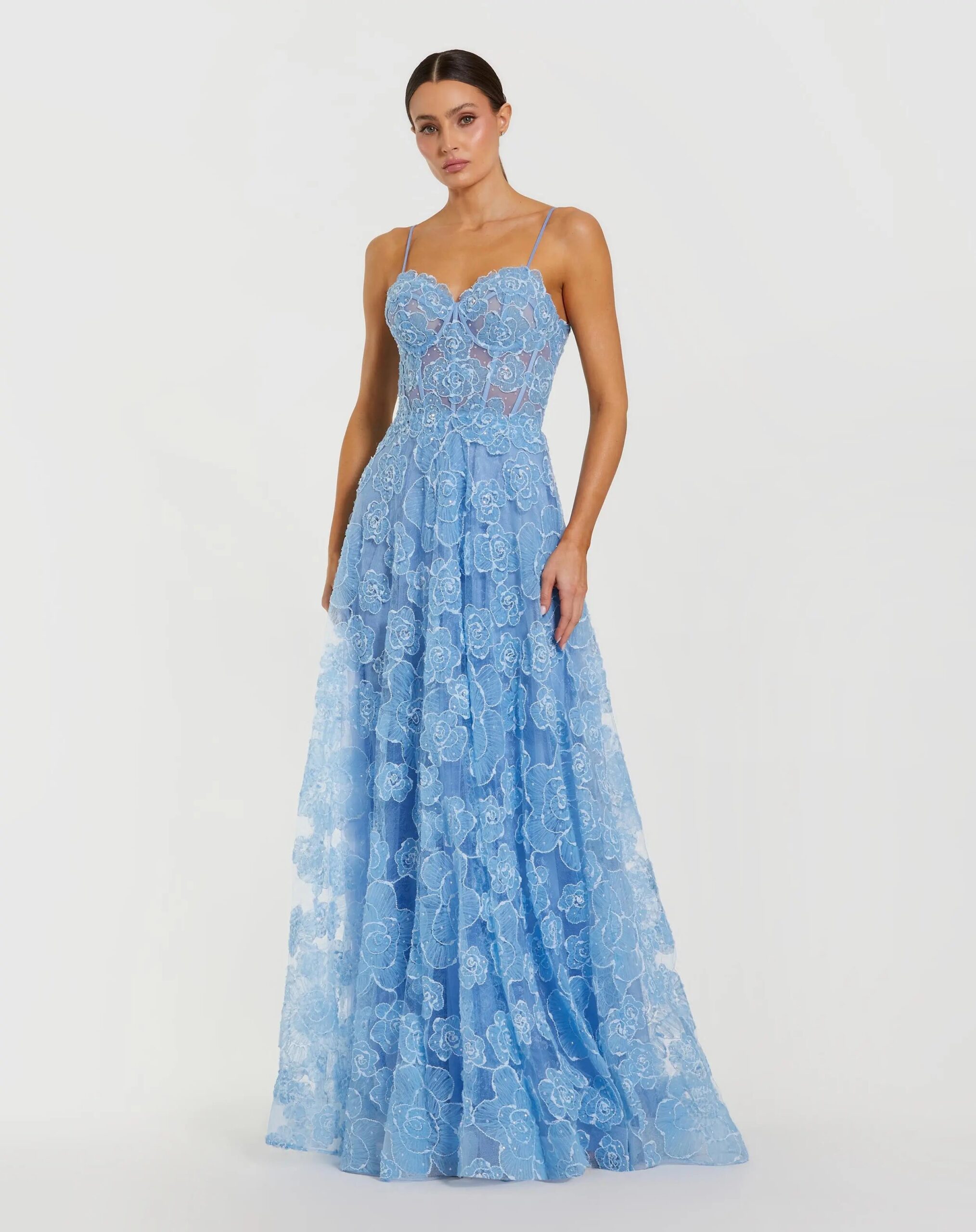 A line gown with sweetheart neckline embroidered bodice and gems