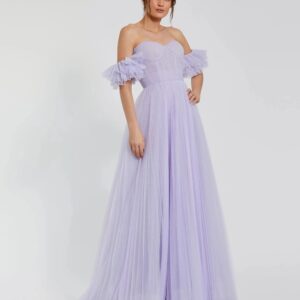 Off shoulder tulle gown with sweetheart neckline and flutter sleeves