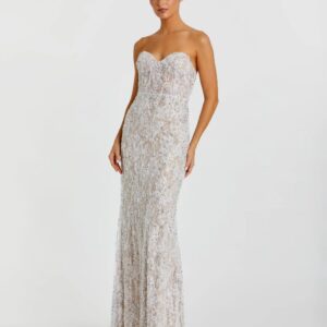 Strapless lace gown with embellished bustier and trumpet skirt