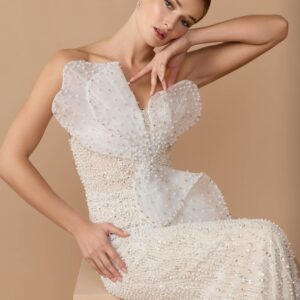 Alternative view of Strapless column gown with beaded mesh fabric and bow applique