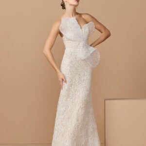 Strapless column gown with beaded mesh fabric and bow applique