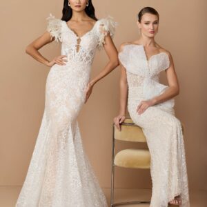 Alternative view of Mermaid gown with embellished lace bodice and feathered shoulders