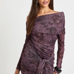 Blurred Floral Bardot Tie Front Mini Dress