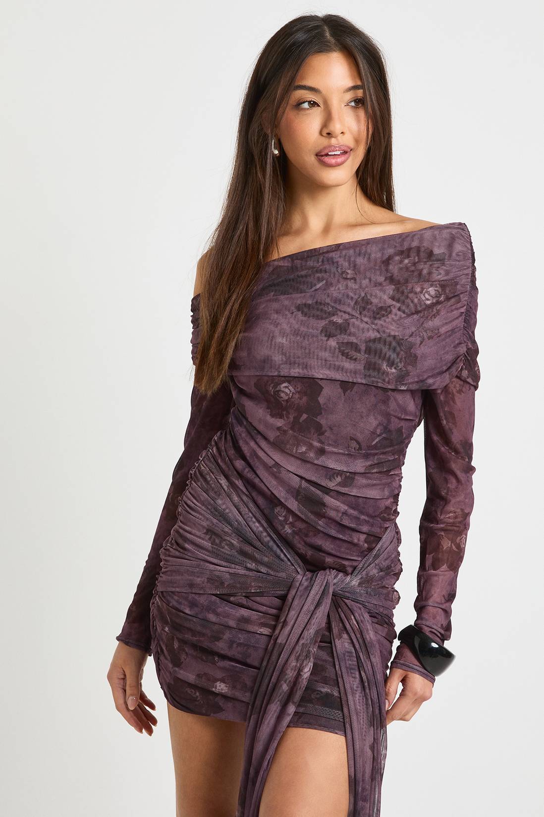 Blurred Floral Bardot Tie Front Mini Dress