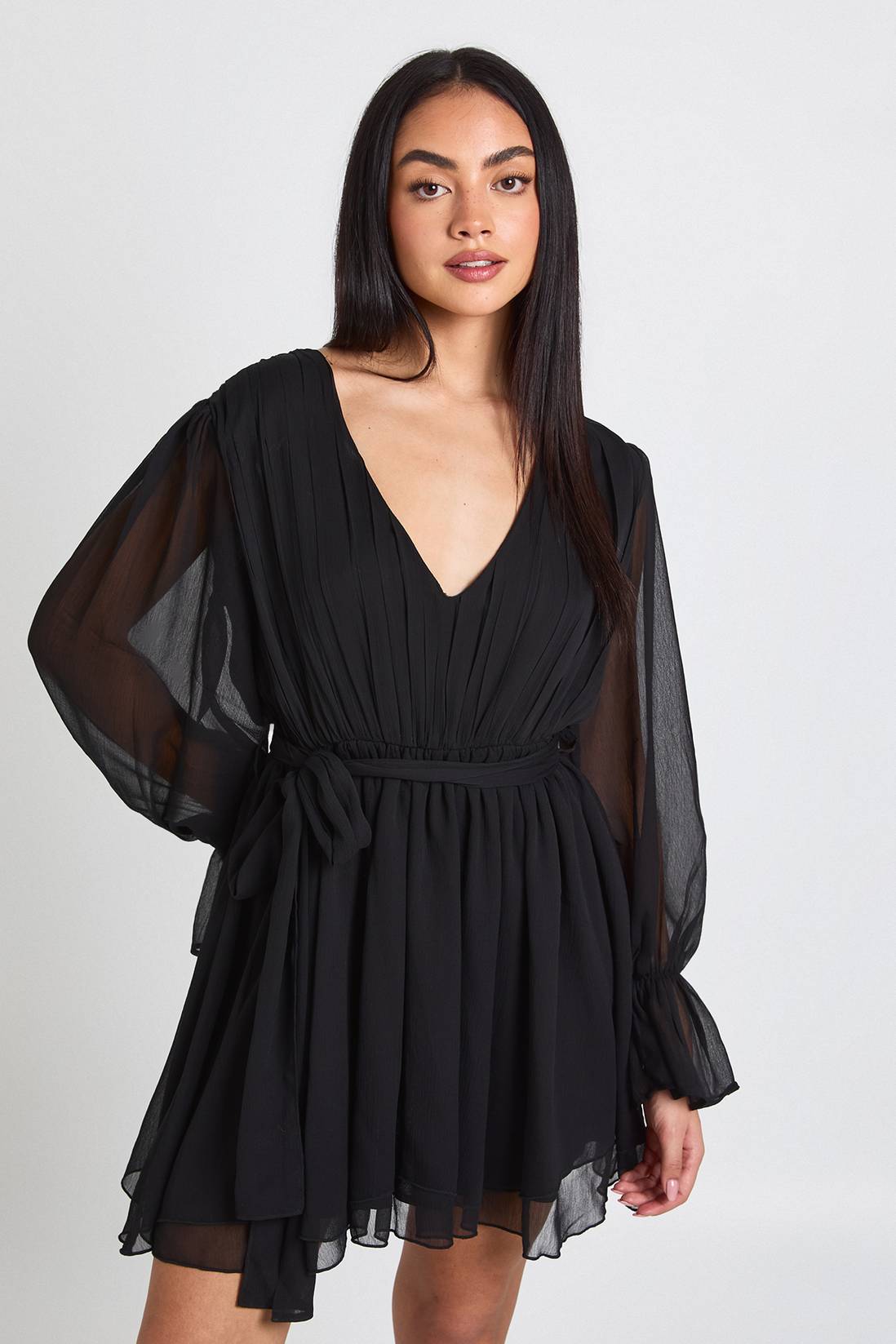 Mini dress with volume sleeves tie waist and v neckline