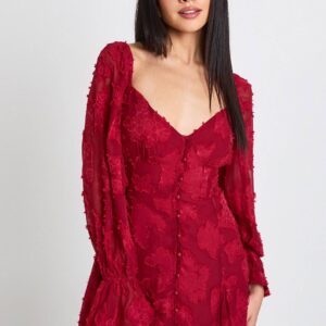 Mini dress with burnout floral texture bell sleeves and godet hem
