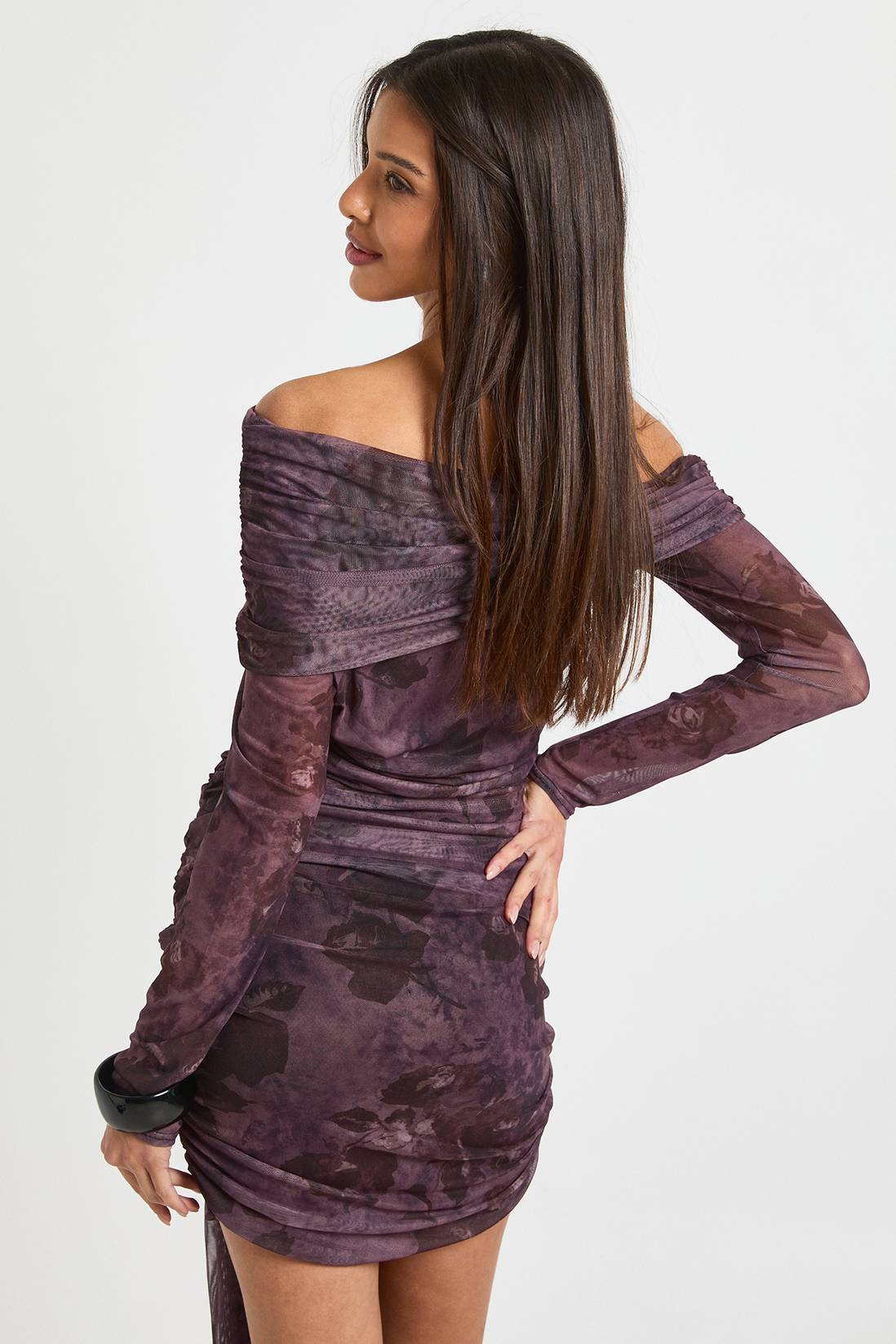 Blurred Floral Bardot Tie Front Mini Dress - Image 2