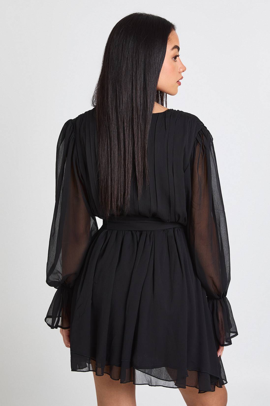 Mini dress with volume sleeves tie waist and v neckline - Image 2