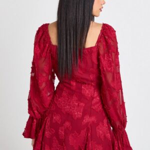 Alternative view of Mini dress with burnout floral texture bell sleeves and godet hem