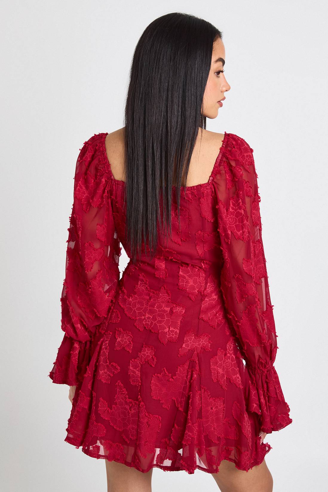 Mini dress with burnout floral texture bell sleeves and godet hem - Image 2