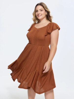 Ruffle Sleeve Fit and Flare Midi Dress Side Pocket