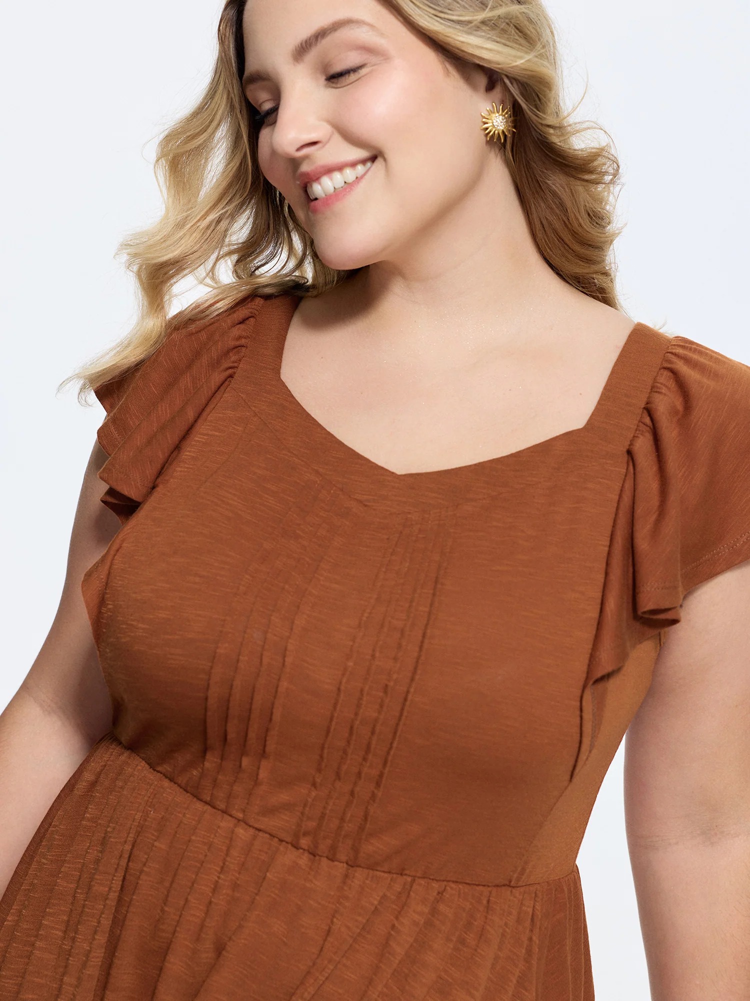 Ruffle Sleeve Fit and Flare Midi Dress Side Pocket - Image 2
