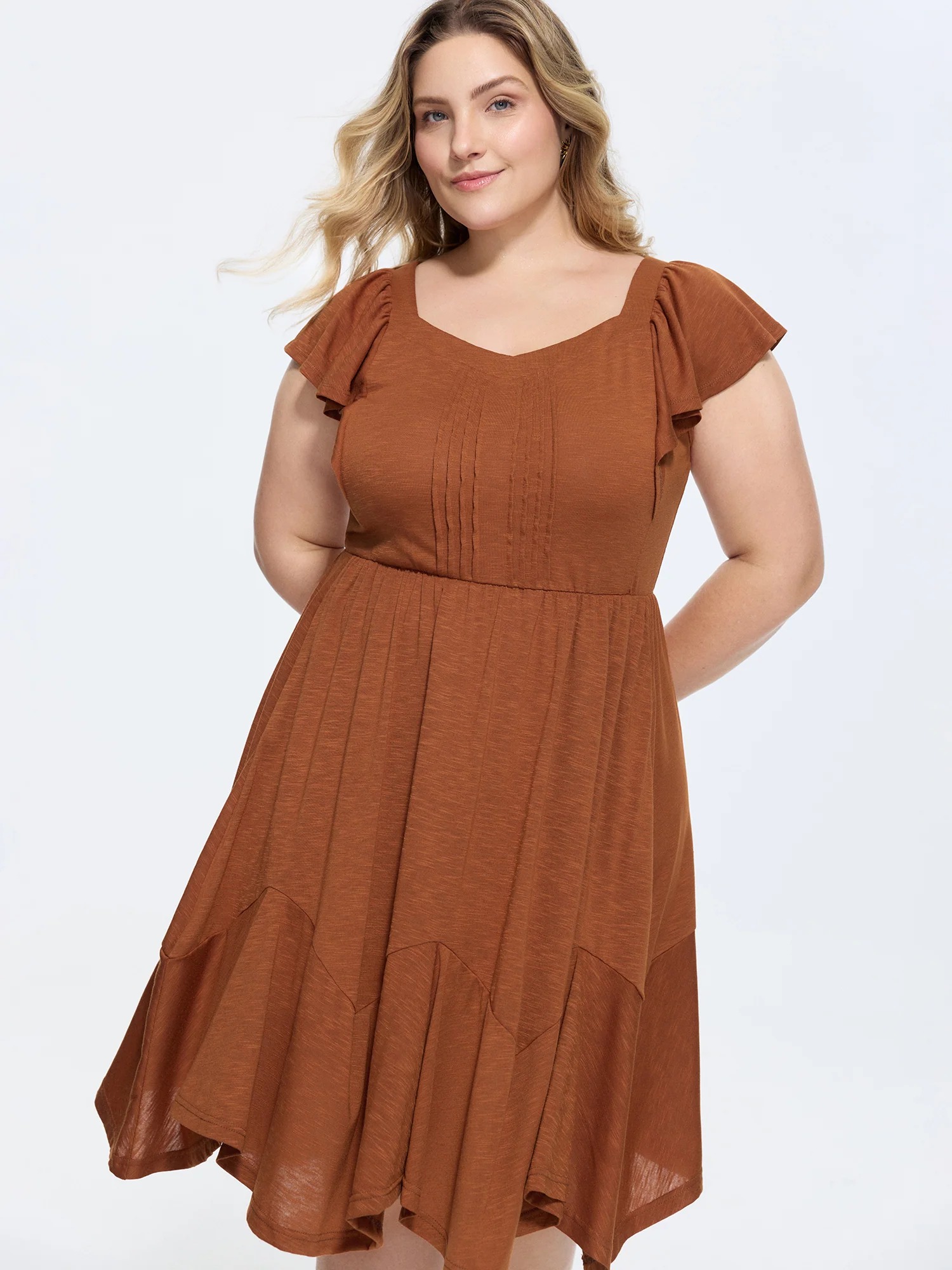 Ruffle Sleeve Fit and Flare Midi Dress Side Pocket - Image 4