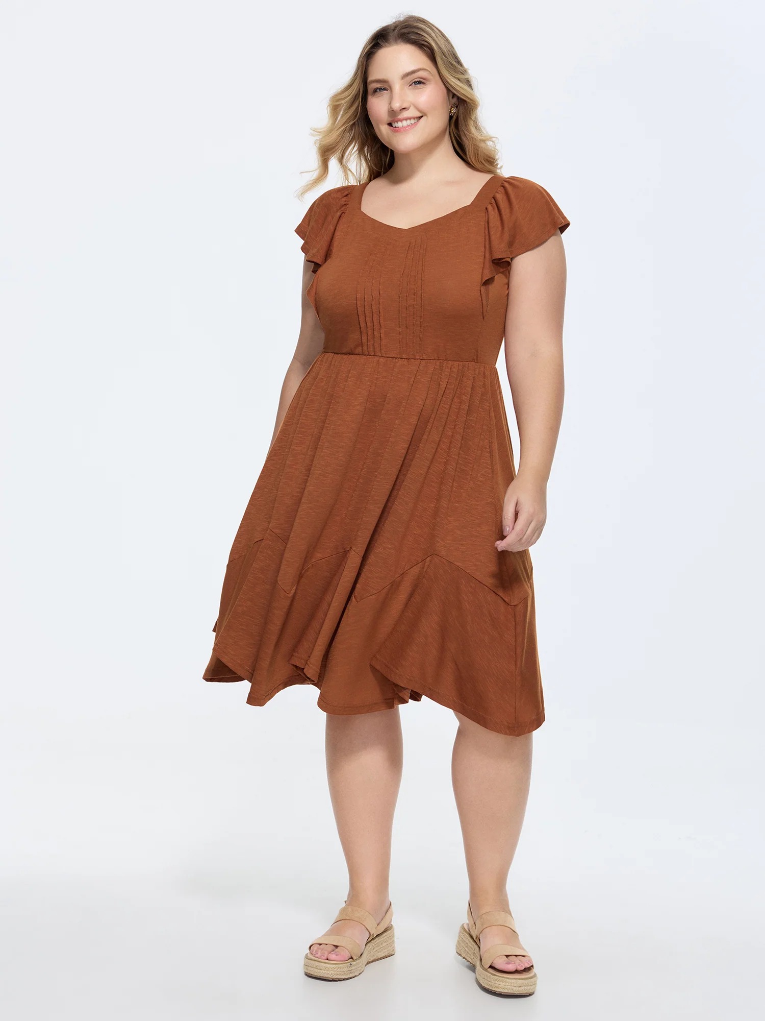 Ruffle Sleeve Fit and Flare Midi Dress Side Pocket - Image 5