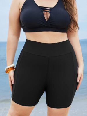 Alternative view of Solid High Waist Swim Shorts with Wide Waistband and Pockets