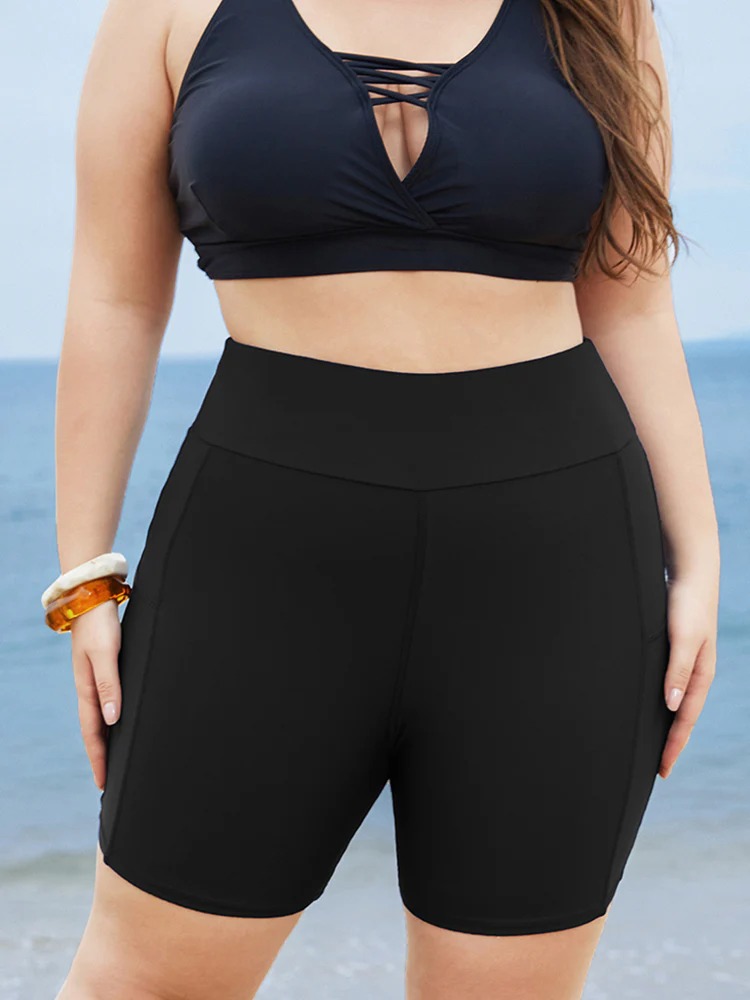 Solid High Waist Swim Shorts with Wide Waistband and Pockets - Image 2