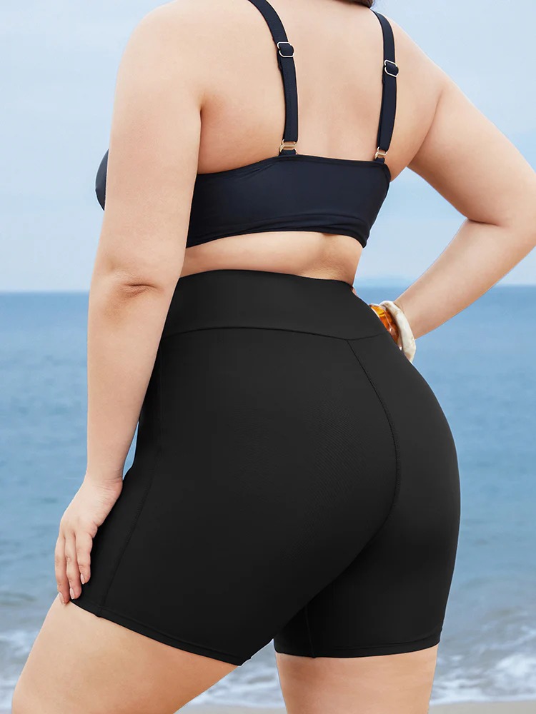 Solid High Waist Swim Shorts with Wide Waistband and Pockets - Image 3