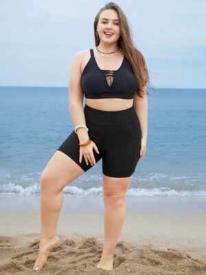 Solid High Waist Swim Shorts with Wide Waistband and Pockets
