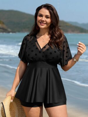 Polka Dot Sheer Swim Top with Removable Cups and Full Coverage
