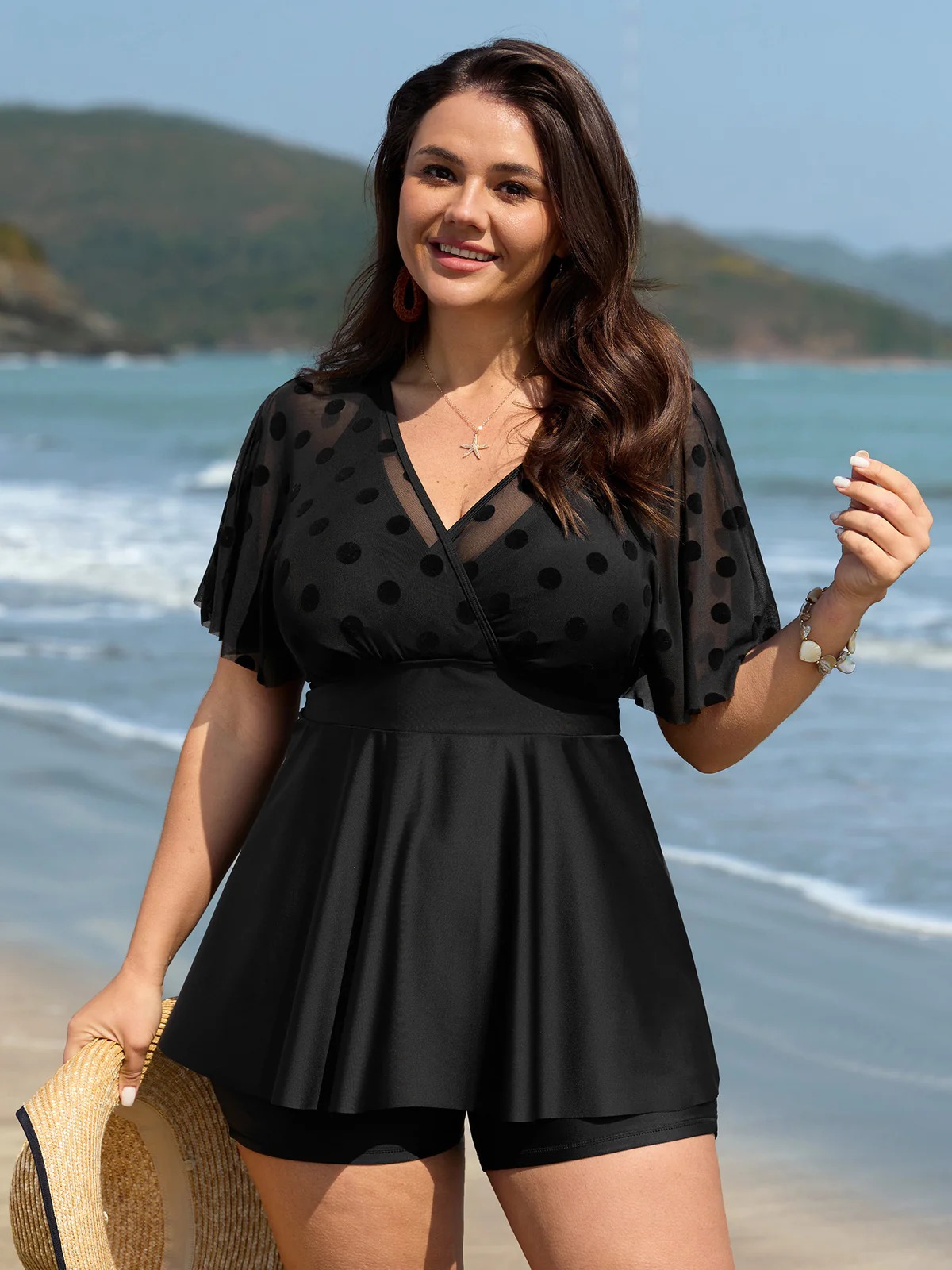 Polka Dot Sheer Swim Top with Removable Cups and Full Coverage