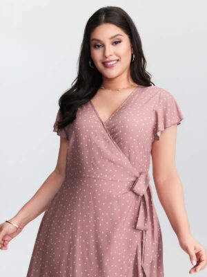 Alternative view of Polka Dot Ruffle Hem Waist Tie Midi Dress Overlap Collar Side Pocket