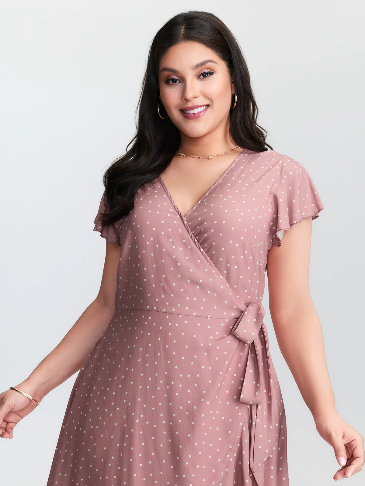 Polka Dot Ruffle Hem Waist Tie Midi Dress Overlap Collar Side Pocket - Image 2
