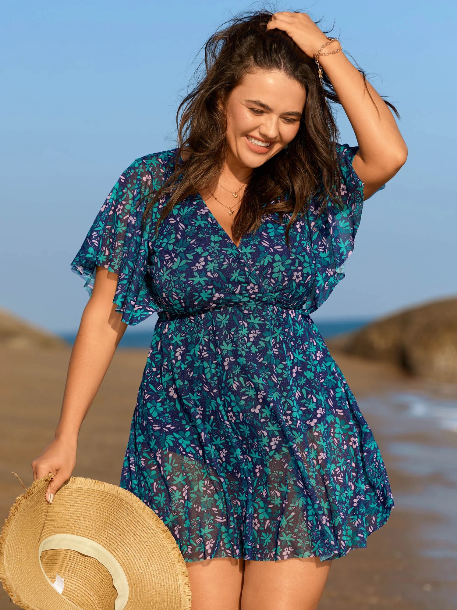 Floral Print Swim Dress with Mesh Panel V Neck Flutter Sleeve