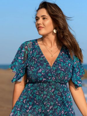 Alternative view of Floral Print Swim Dress with Mesh Panel V Neck Flutter Sleeve