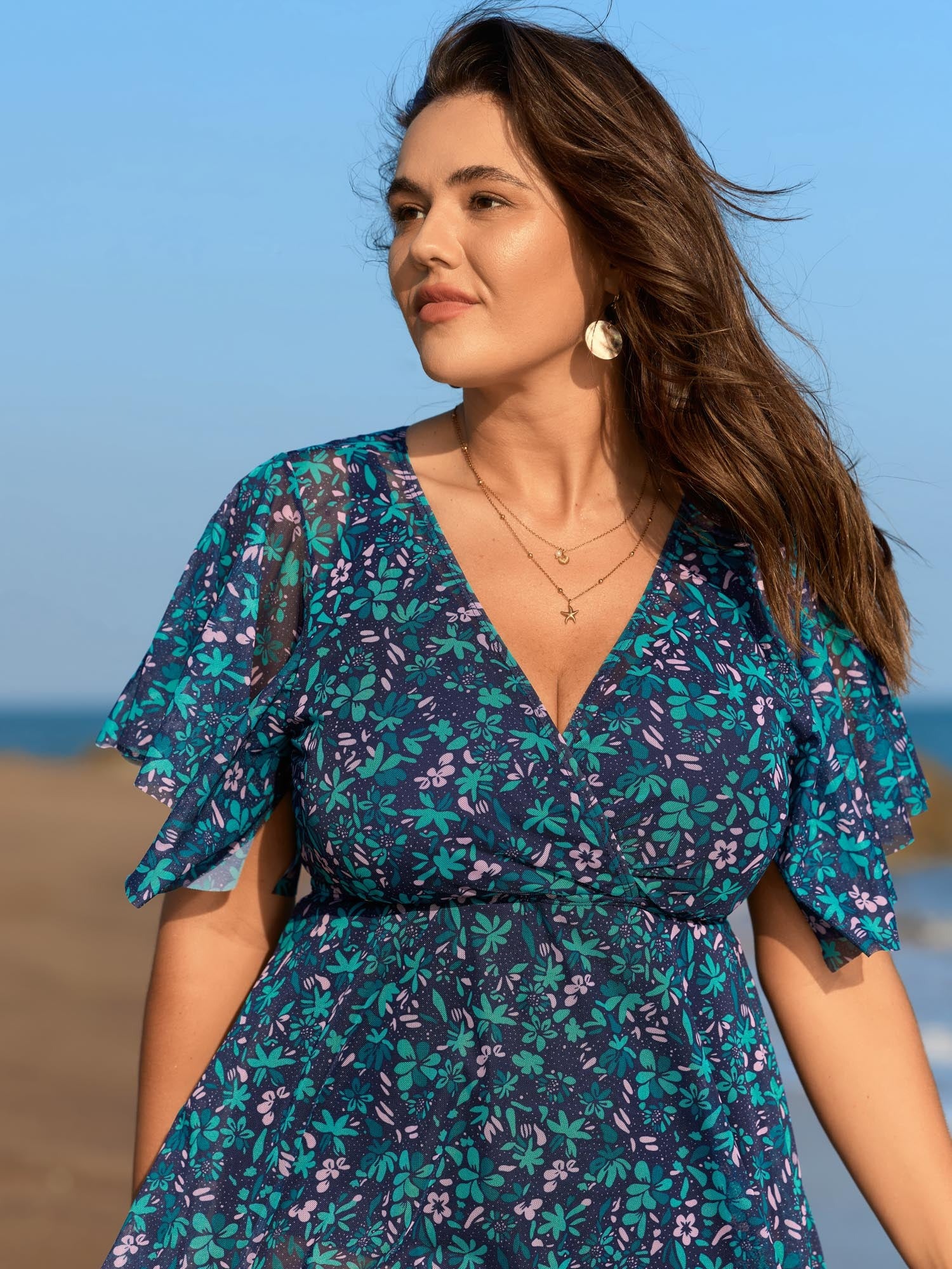 Floral Print Swim Dress with Mesh Panel V Neck Flutter Sleeve - Image 2