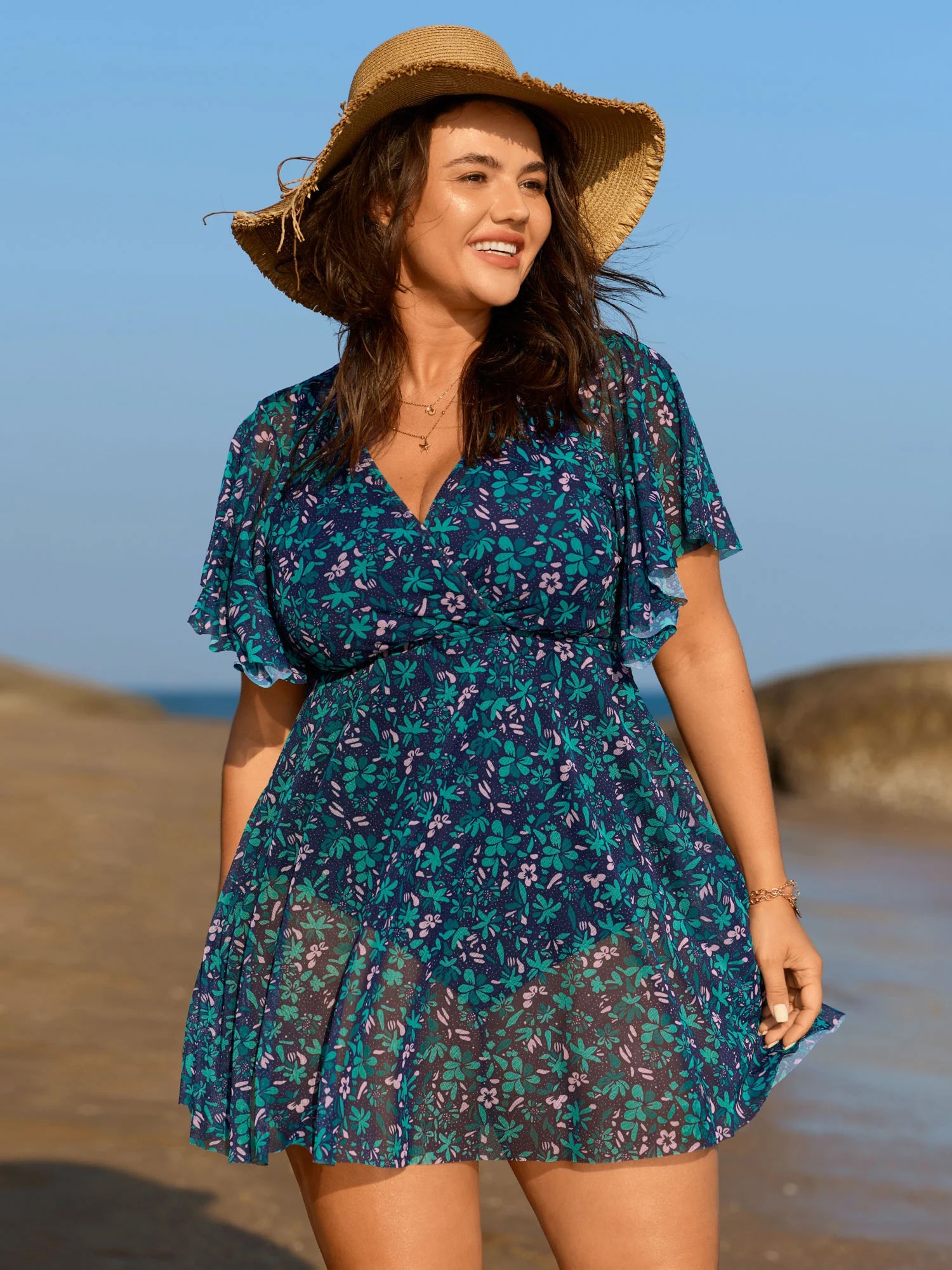 Floral Print Swim Dress with Mesh Panel V Neck Flutter Sleeve - Image 5