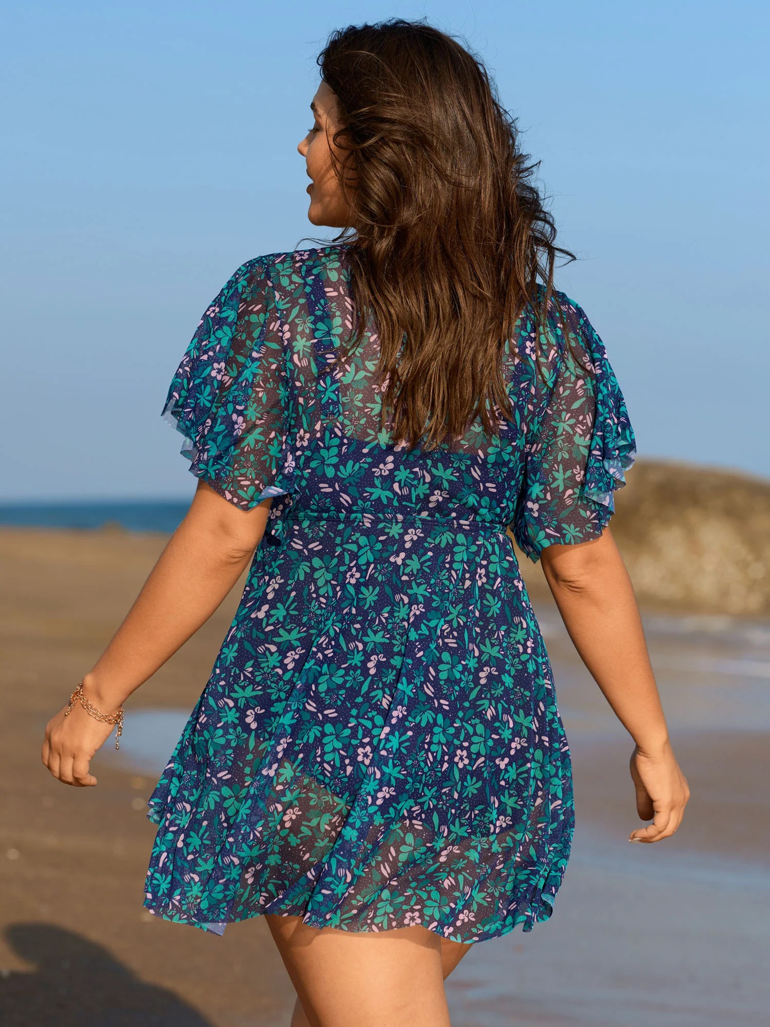 Floral Print Swim Dress with Mesh Panel V Neck Flutter Sleeve - Image 3