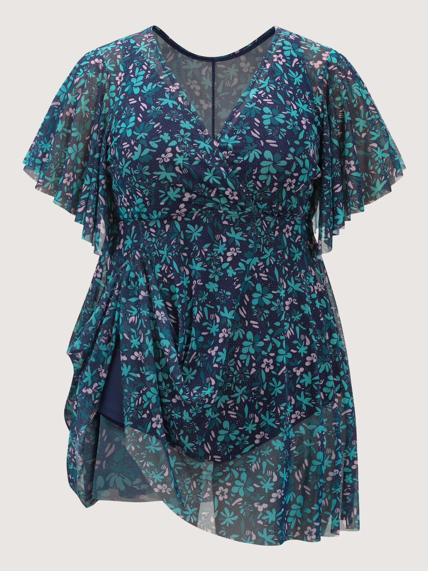 Floral Print Swim Dress with Mesh Panel V Neck Flutter Sleeve - Image 4