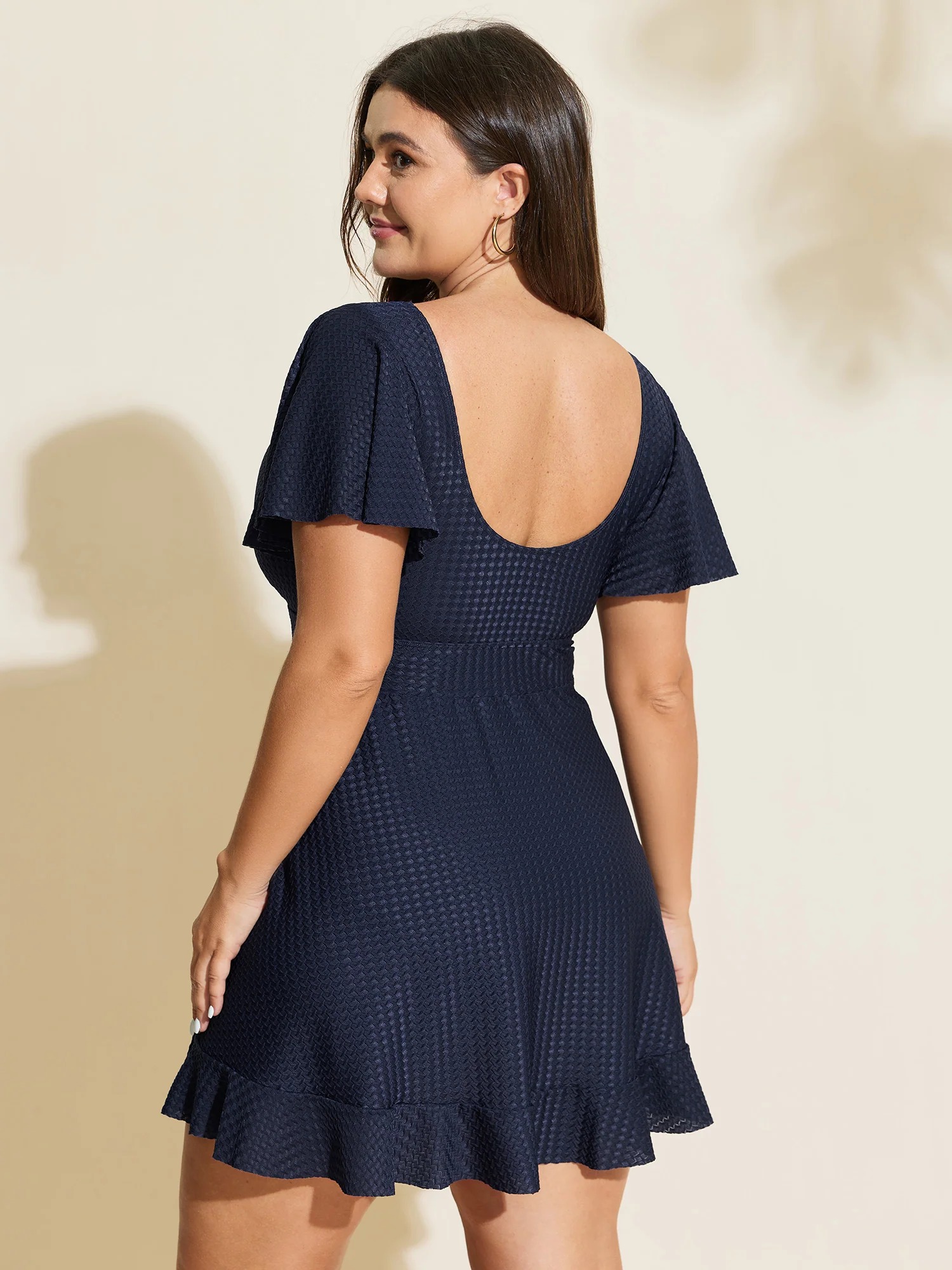 Textured V Neck Ruffle Sleeve Swim Dress with Belt and Full Coverage - Image 3