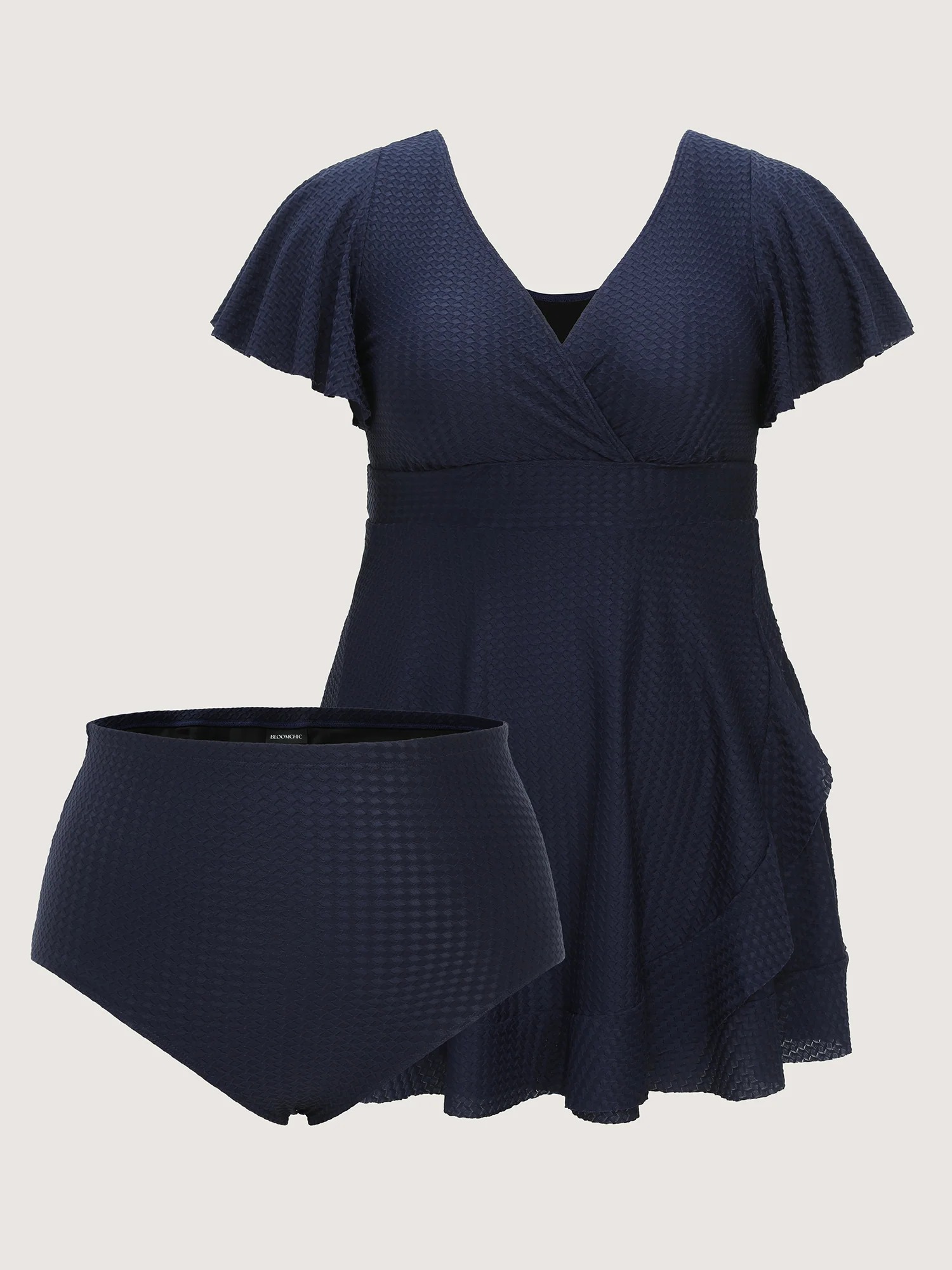Textured V Neck Ruffle Sleeve Swim Dress with Belt and Full Coverage - Image 4