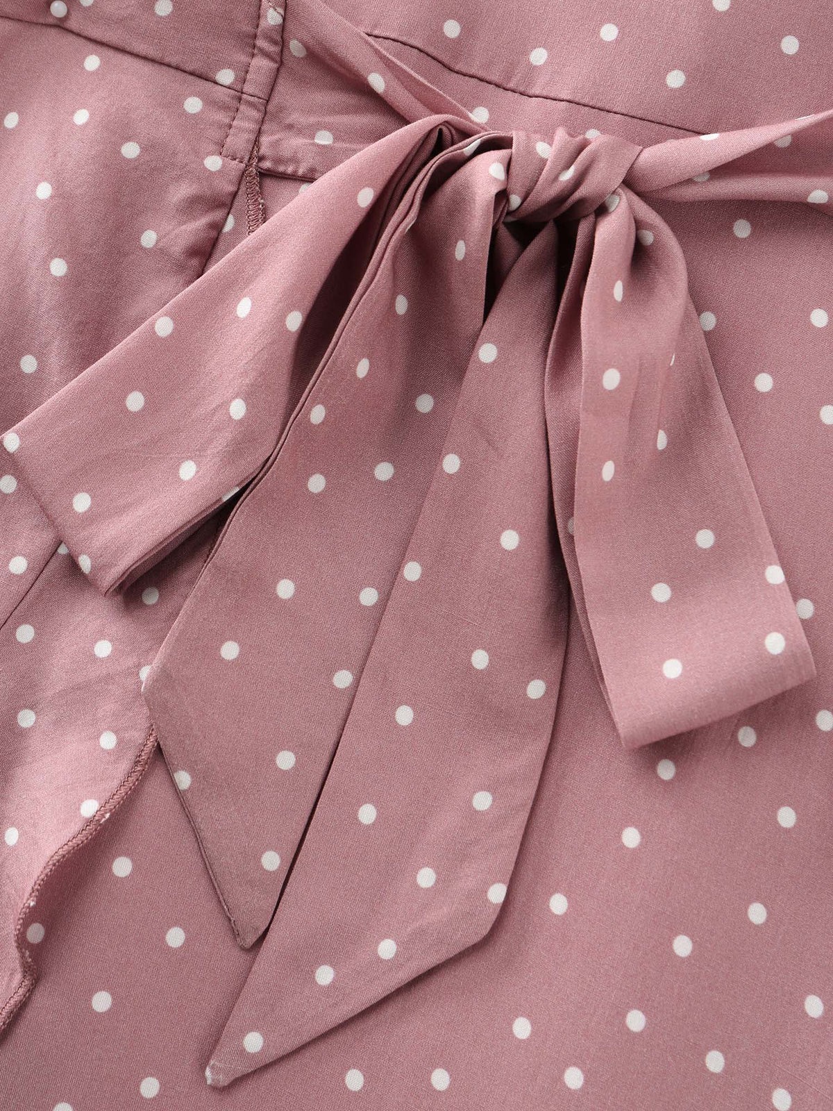 Polka Dot Ruffle Hem Waist Tie Midi Dress Overlap Collar Side Pocket - Image 3