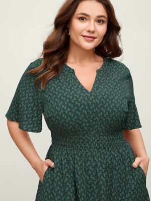 Alternative view of Geometric Print Tiered Midi Dress Waist Cinched Short Sleeve