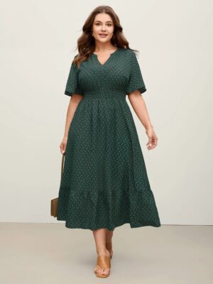 Geometric Print Tiered Midi Dress Waist Cinched Short Sleeve