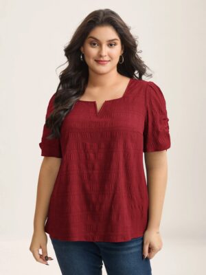 Gathered Sleeve Split Neck Short Sleeve Blouse Notched Collar