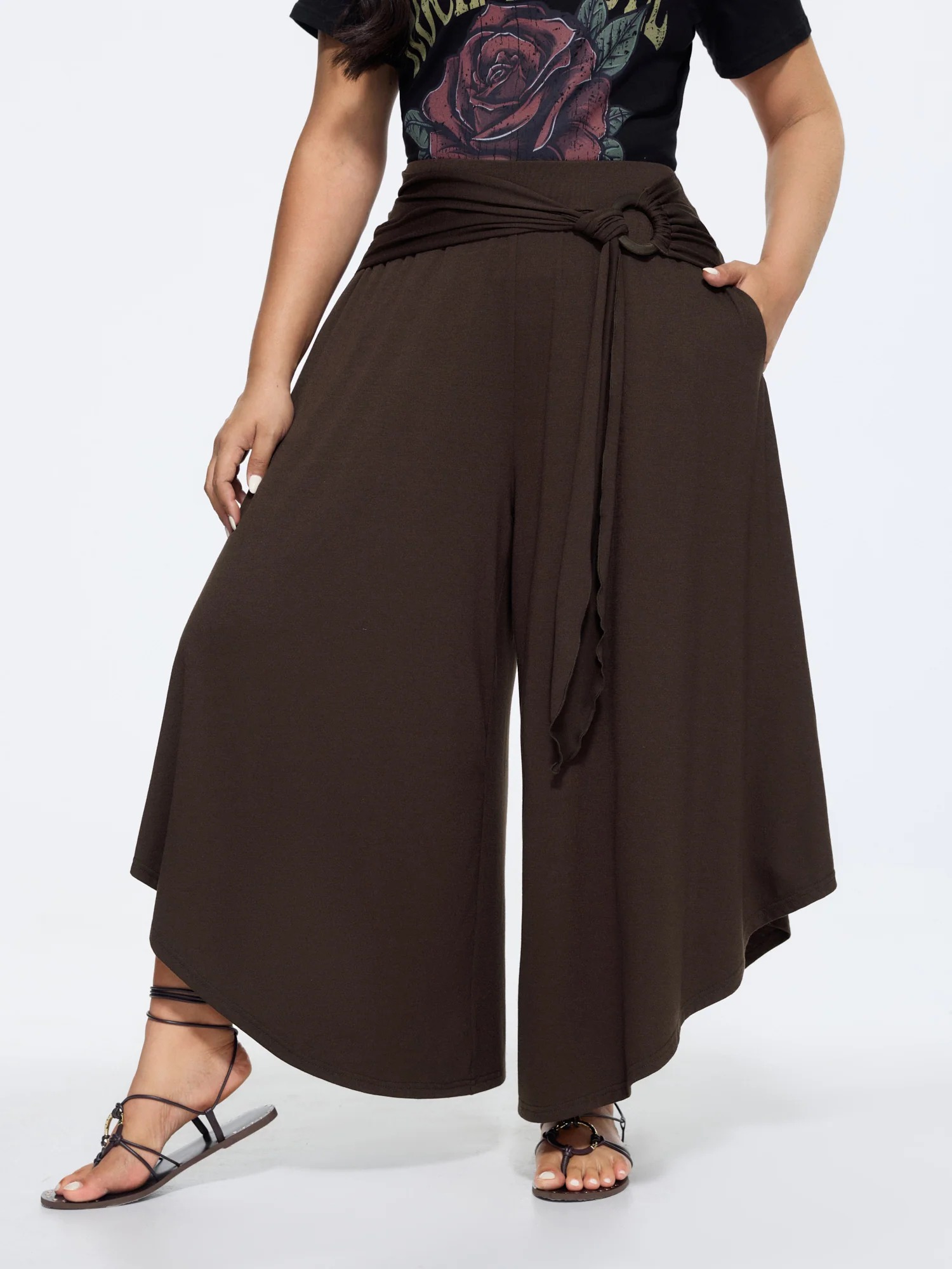 Asymmetrical Hem Midi Skirt with Ring Detail and Waist Tie