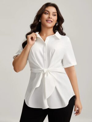 Knotted Front Asymmetrical Hem Short Sleeve Blouse Shirt Collar
