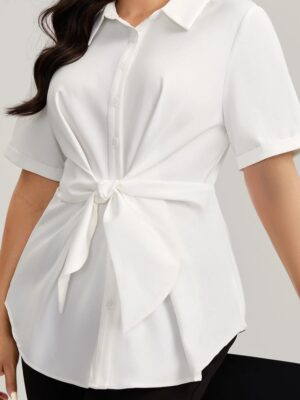 Alternative view of Knotted Front Asymmetrical Hem Short Sleeve Blouse Shirt Collar