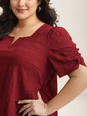 Alternative view of Gathered Sleeve Split Neck Short Sleeve Blouse Notched Collar