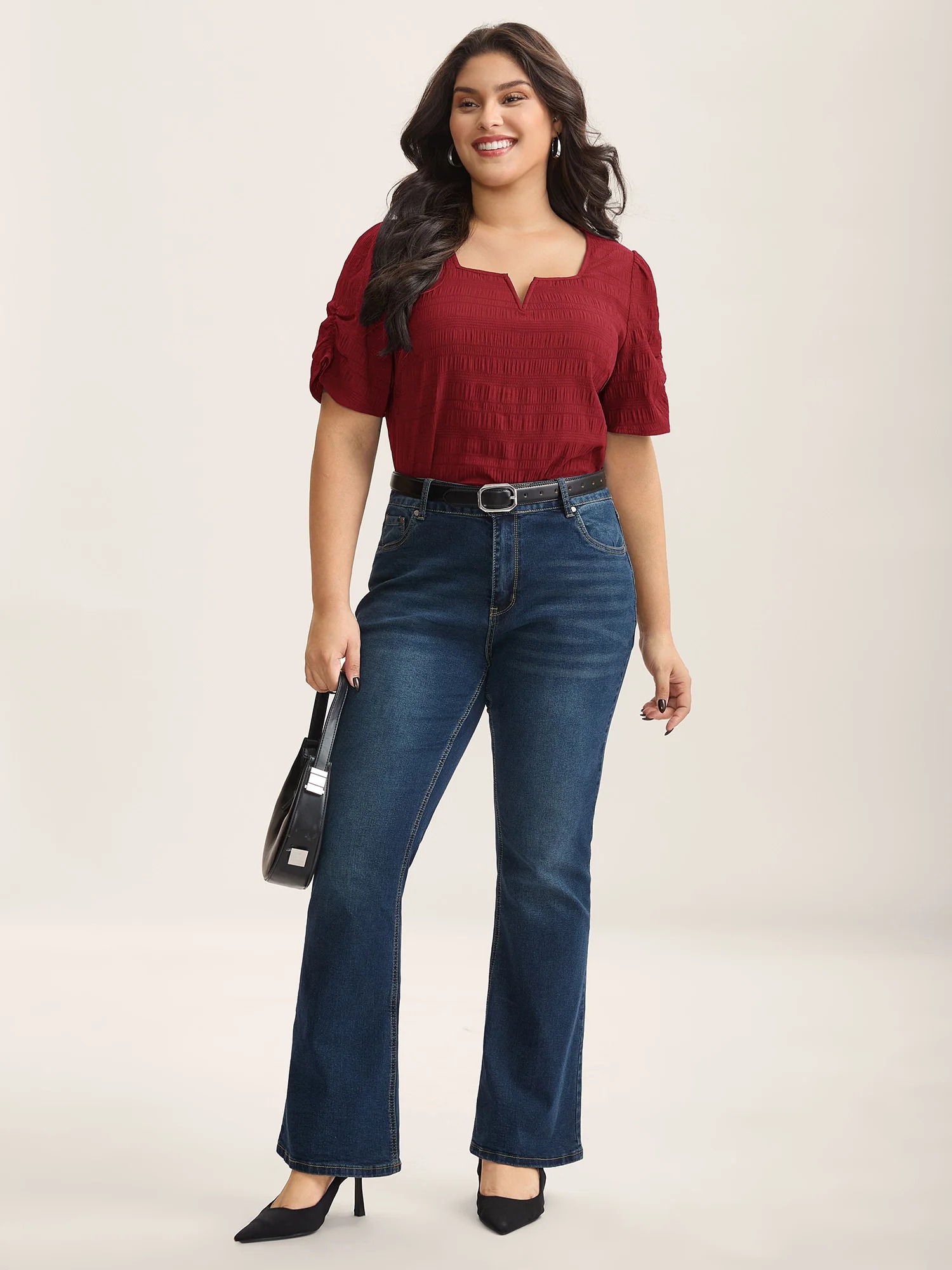 Gathered Sleeve Split Neck Short Sleeve Blouse Notched Collar - Image 4