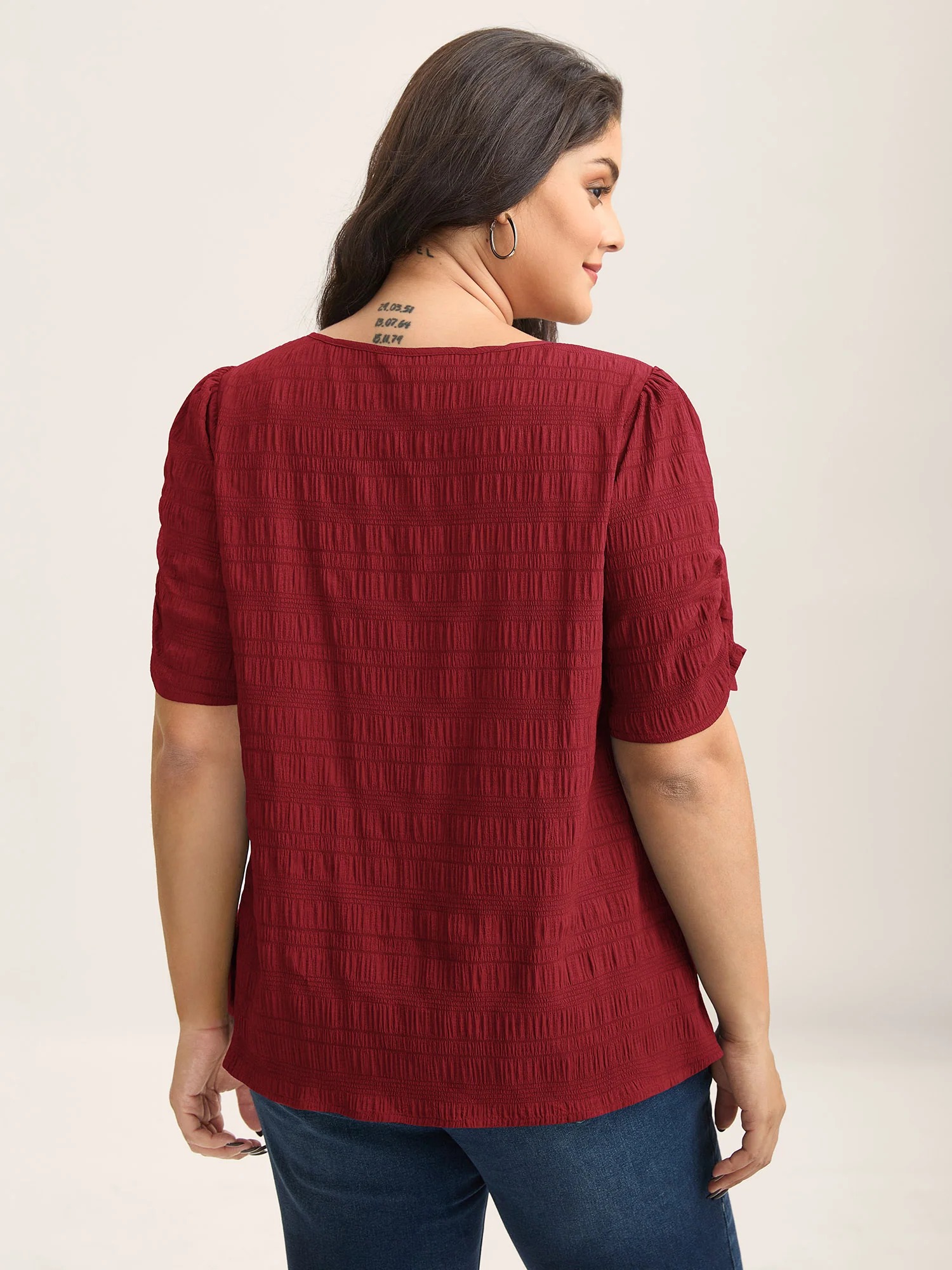 Gathered Sleeve Split Neck Short Sleeve Blouse Notched Collar - Image 3