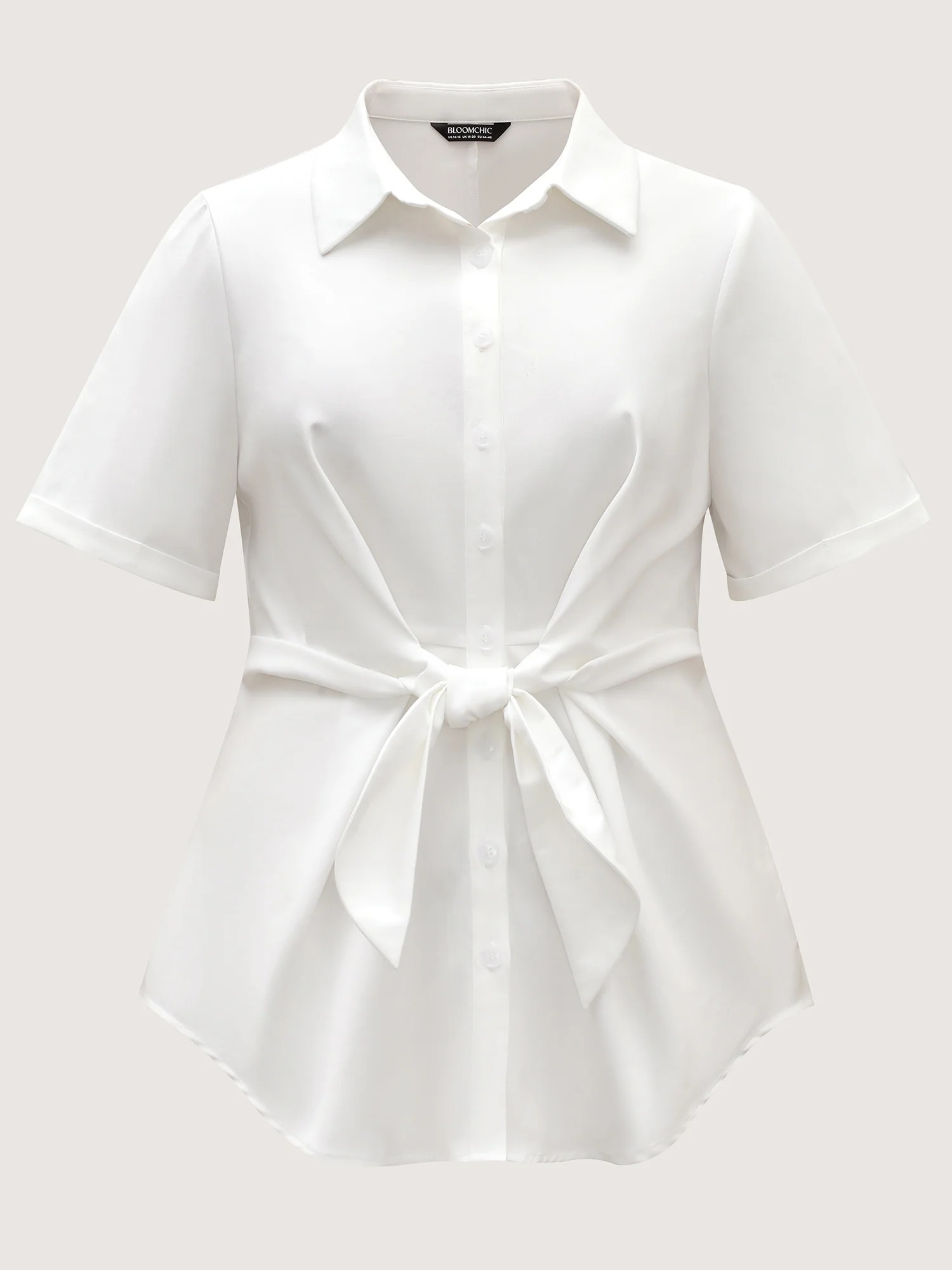 Knotted Front Asymmetrical Hem Short Sleeve Blouse Shirt Collar - Image 5