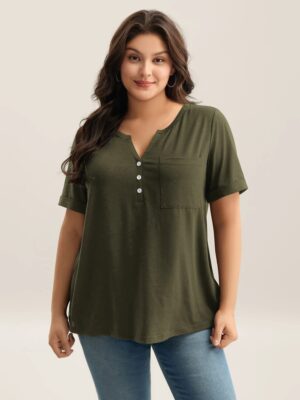 Split Neck Button Detail Short Sleeve T-Shirt Patch Pocket
