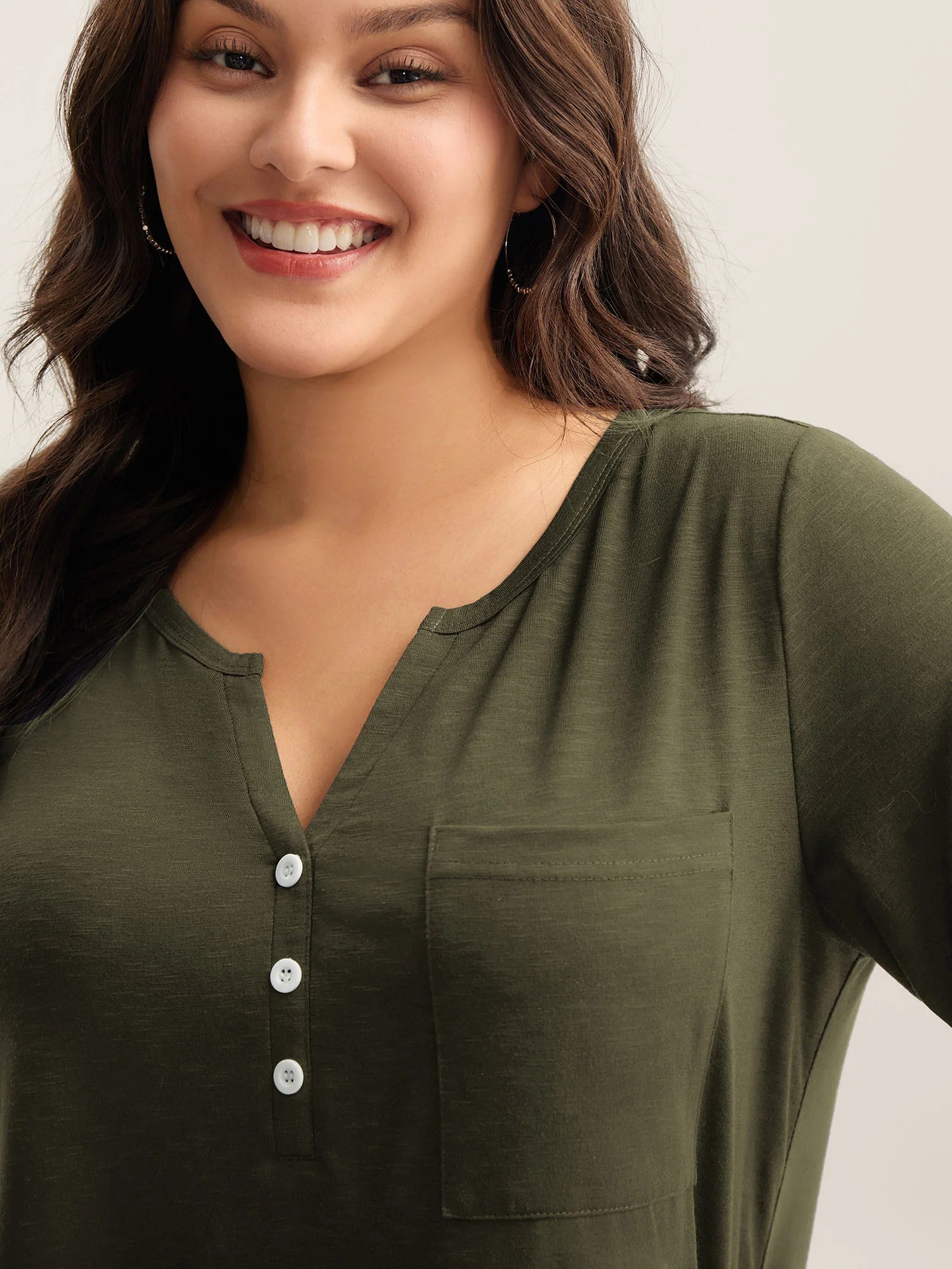Split Neck Button Detail Short Sleeve T-Shirt Patch Pocket - Image 2