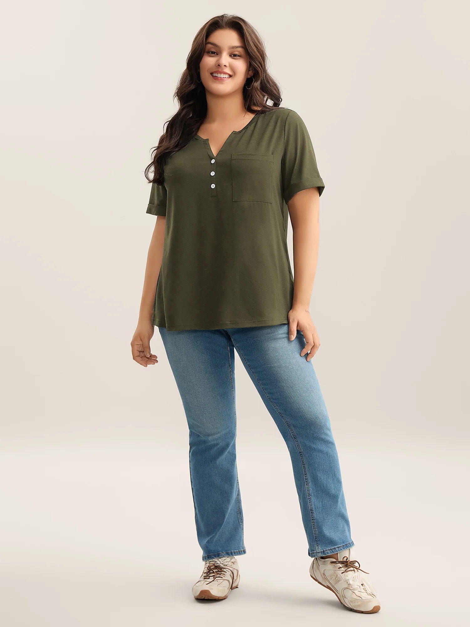 Split Neck Button Detail Short Sleeve T-Shirt Patch Pocket - Image 4